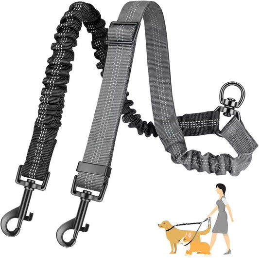 1.6Ft Long Dual Dog Leash Attachment - Double Leashes for Training Small to Large Dogs - Adjustable Strap Shock Absorbing Bungee